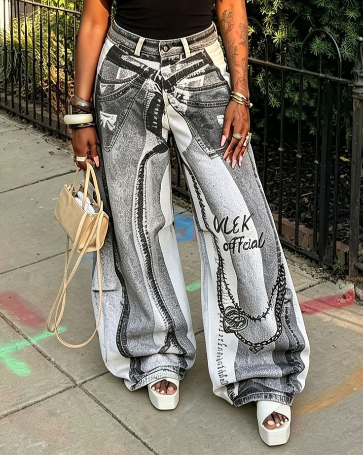 Faux Two-Piece Chain Letter Print Denim Pants for Streetwear