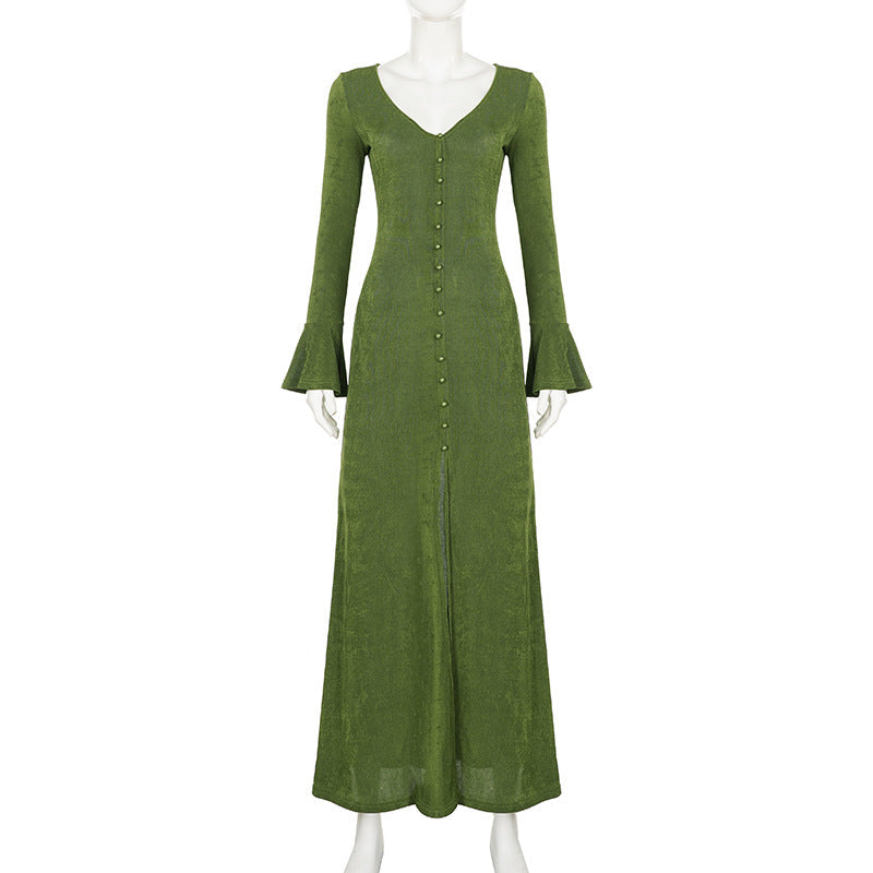 Solid Deep V-Neck Button Front Bell Sleeve Slim Fit Maxi Dress for Formal Events