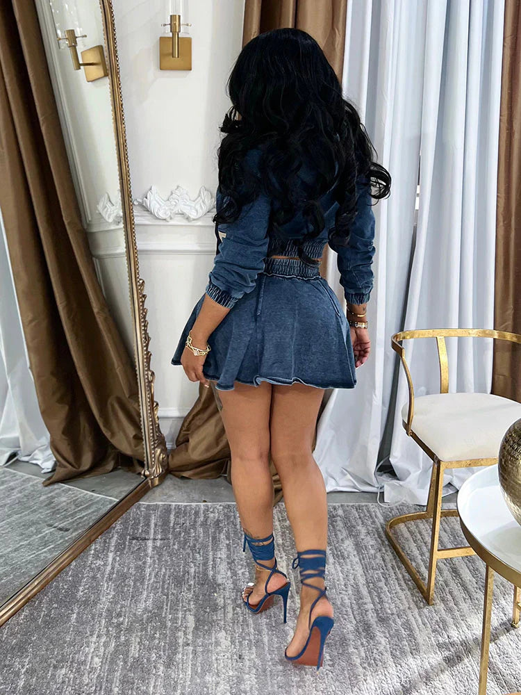 Washed Denim Cropped Jacket And Mini Skirt Set