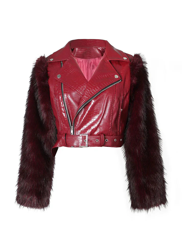 Faux Fur Sleeve & Croc-Embossed Jacket