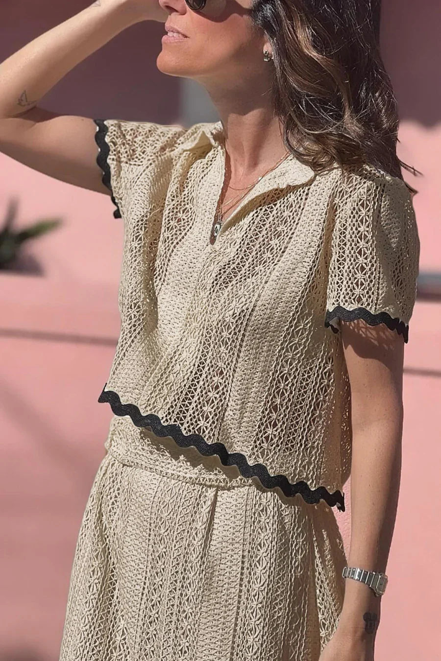 Lapel Lacework Hollow Out Shirt Skirt Set