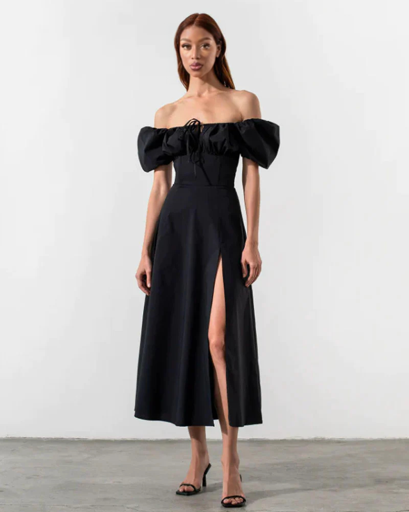 TALLULAH PUFF SLEEVE MIDI DRESS Black