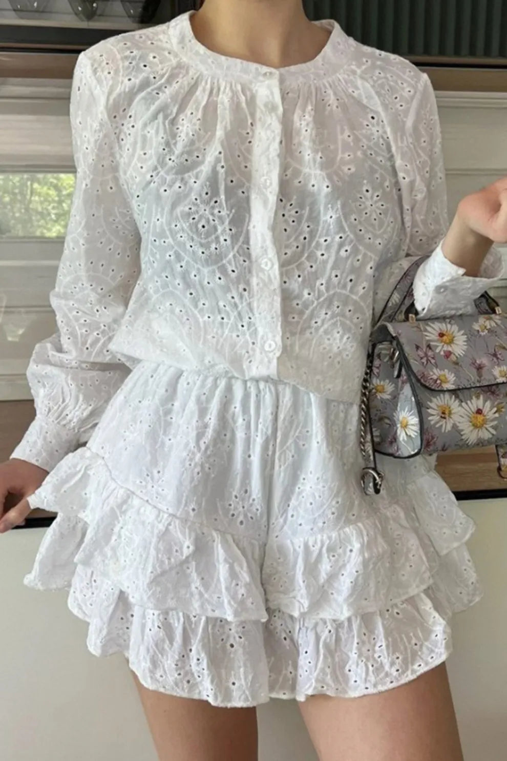 Hollow-out Jacquard Blouse Tiered Shorts Set