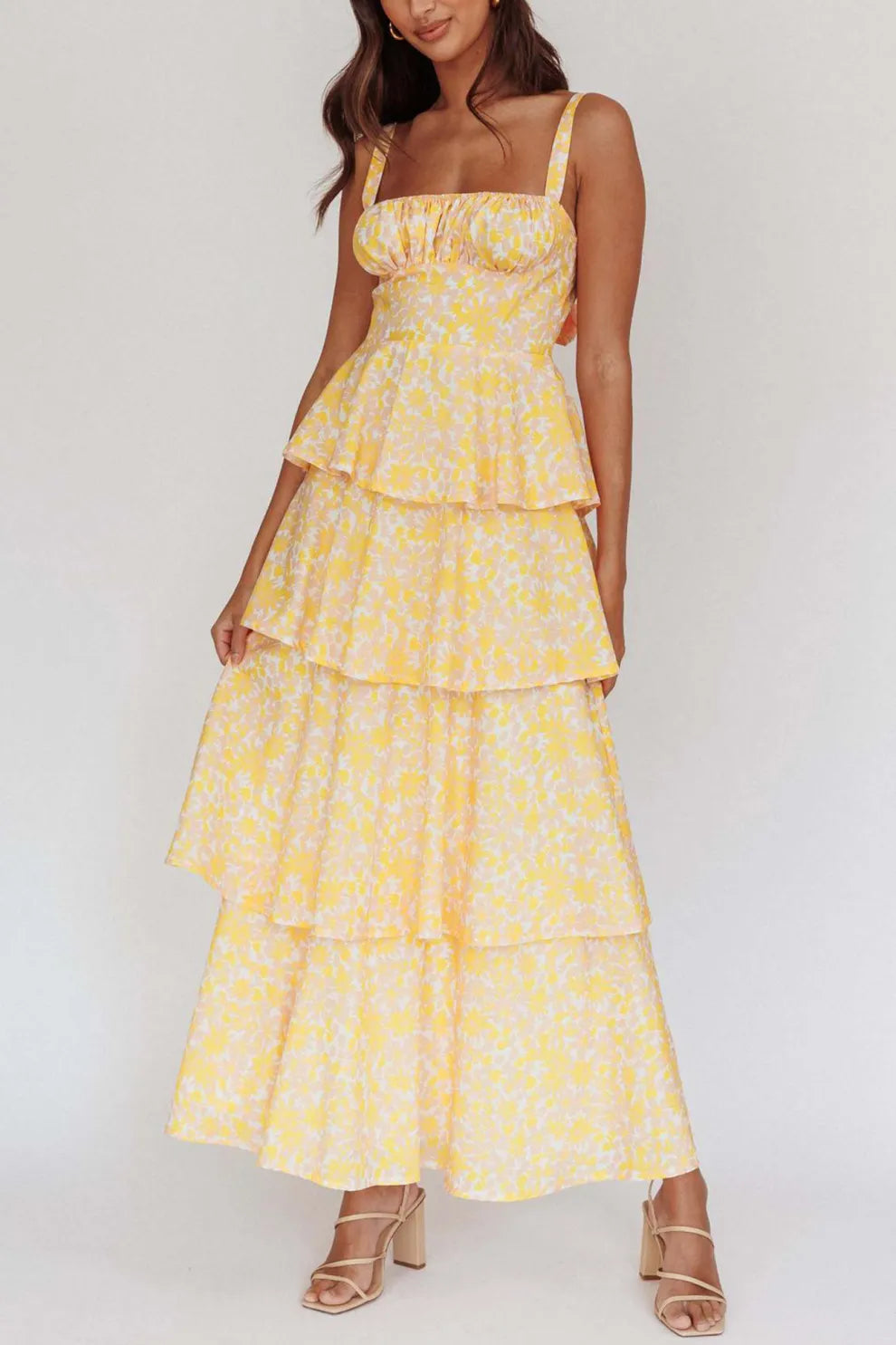 Floral Print Tie up Tiered Midi Dress