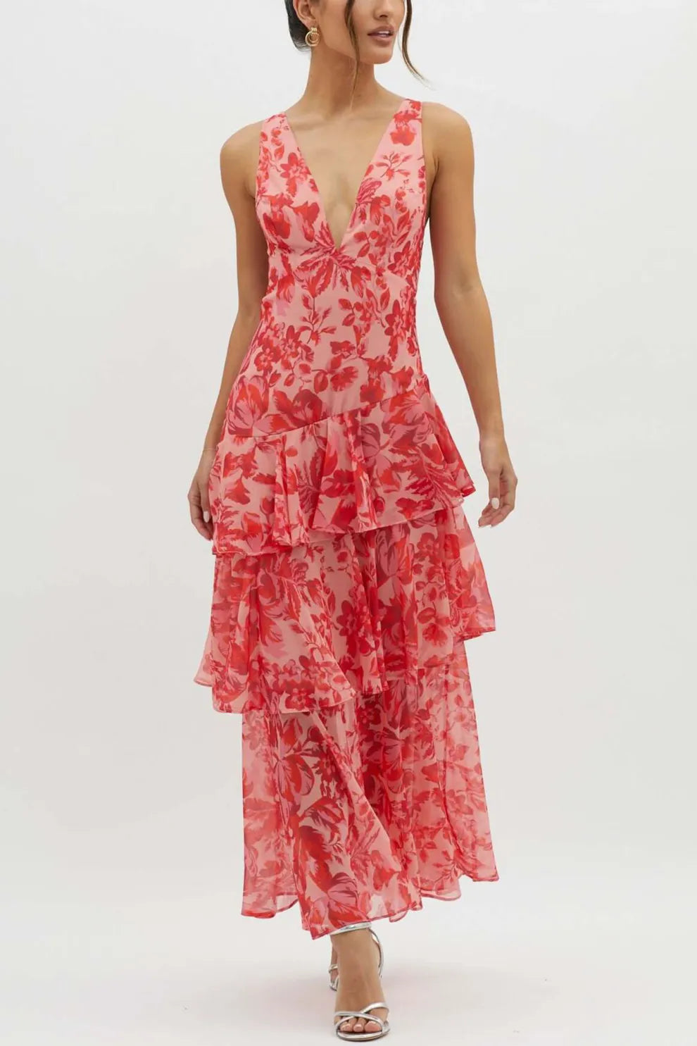 Floral Print Tie up Back Chiffon Tiered Dress