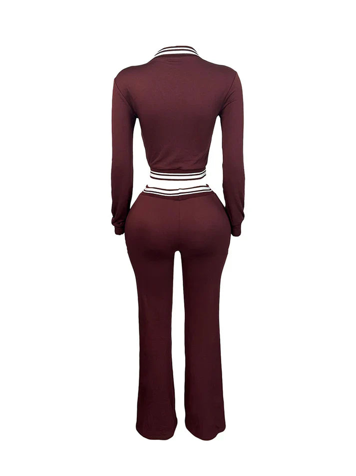 Contrast Polo Crop Top & Flared Pants Set