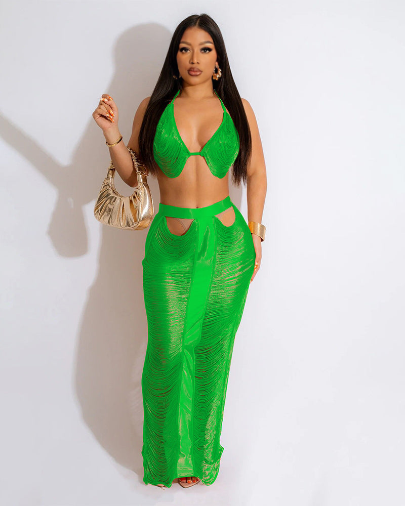 Hollow-Cut Skirt Set Green