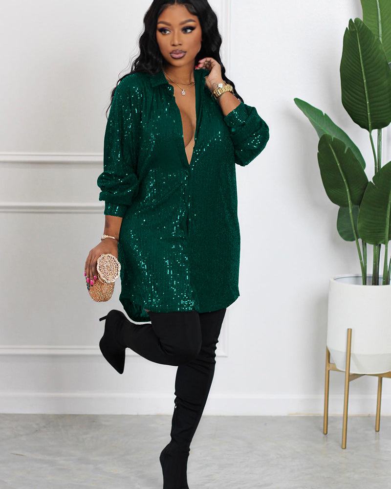 Night Queen Sequin Shirt Dress Green