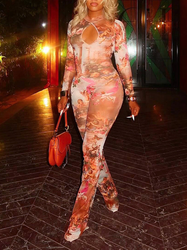 Printed Cutout Sheer Jumpsuit