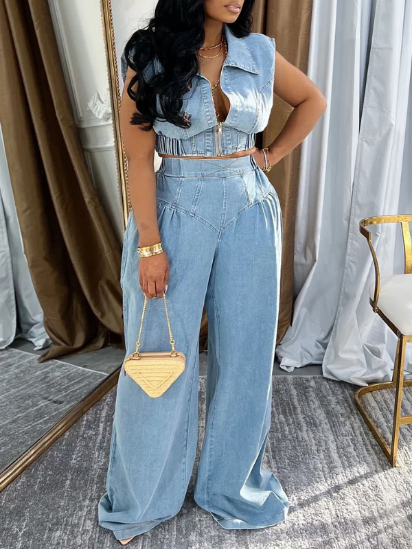Indiebeautie Denim Zip-Up Vest & Wide-Leg Pants Set