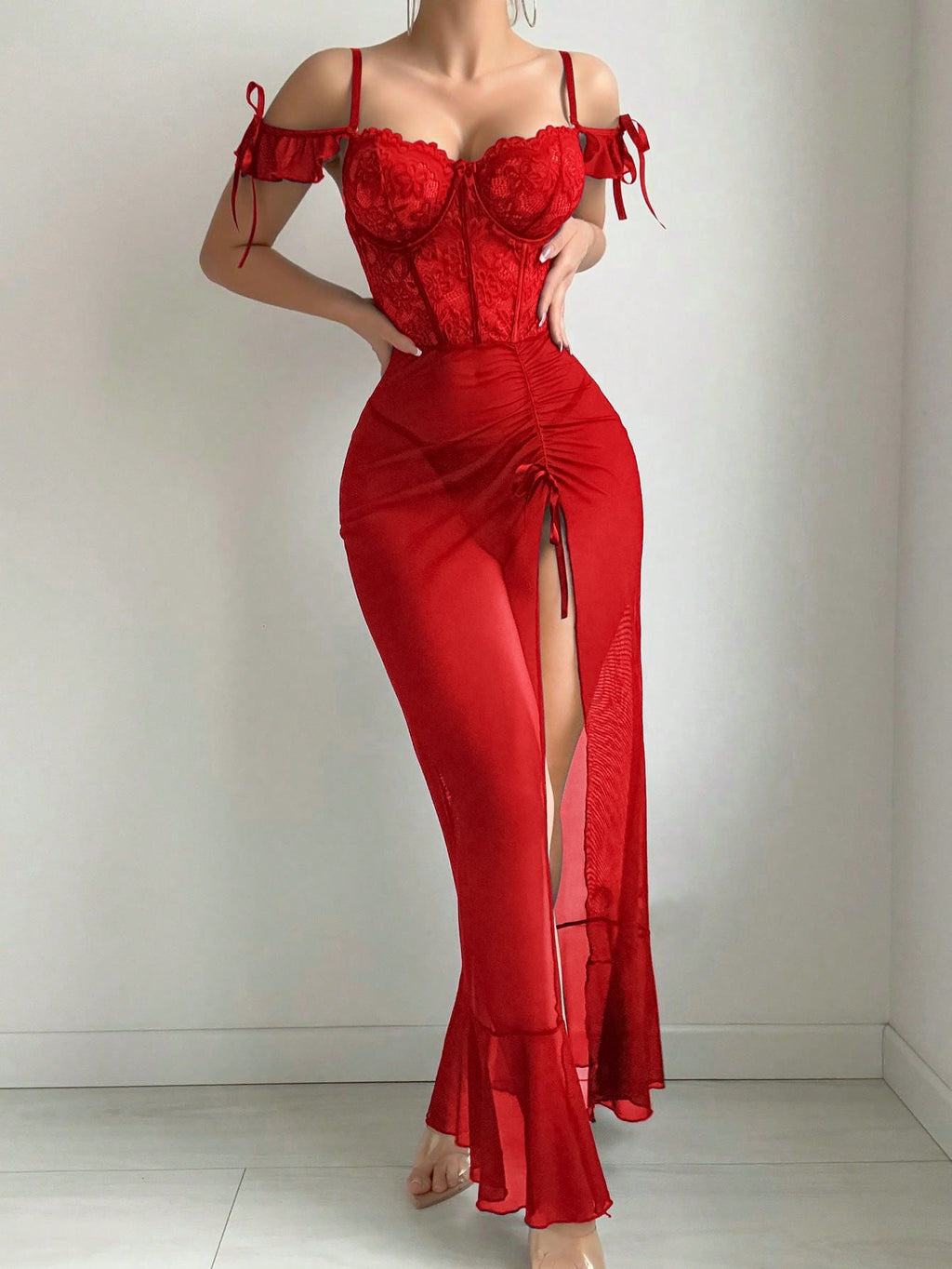 Slit See-Through Lace Bodycon Maxi Dress Lingerie Two-Piece Set