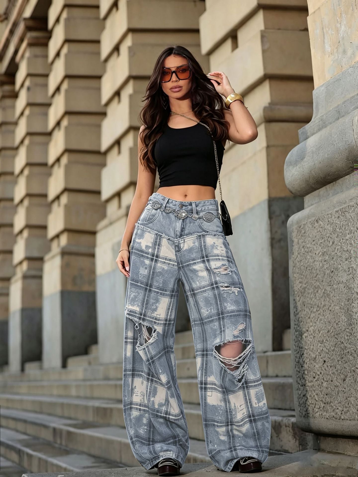 Plaid Ripped Patchwork Washed Denim Pants for Streetwear