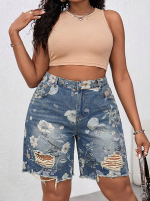 Plus Size Ripped Printed Denim Shorts for Casual Wear