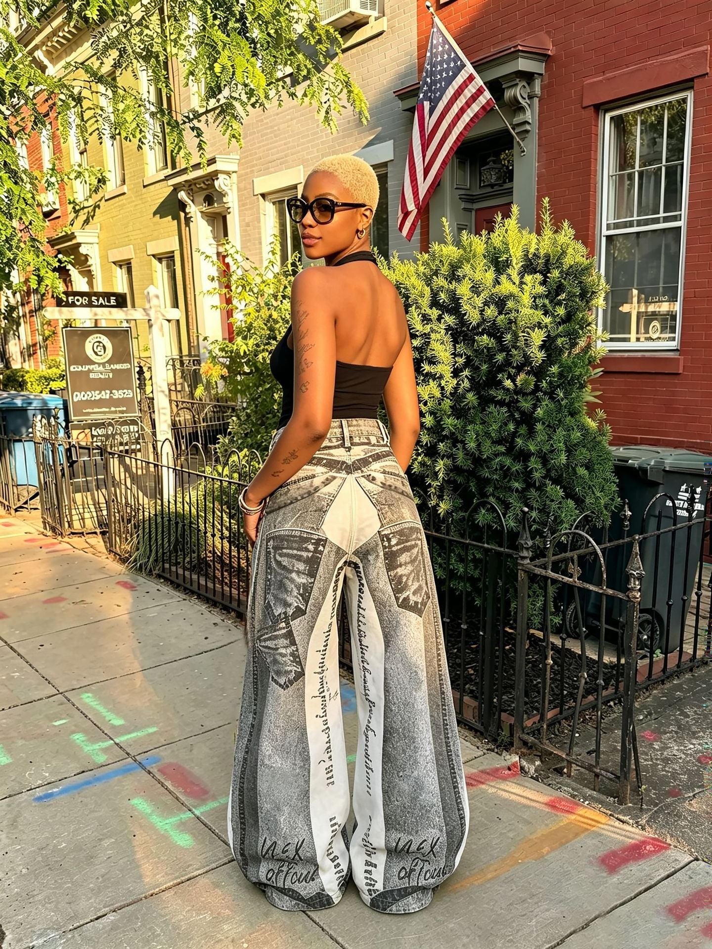 Faux Two-Piece Chain Letter Print Denim Pants for Streetwear