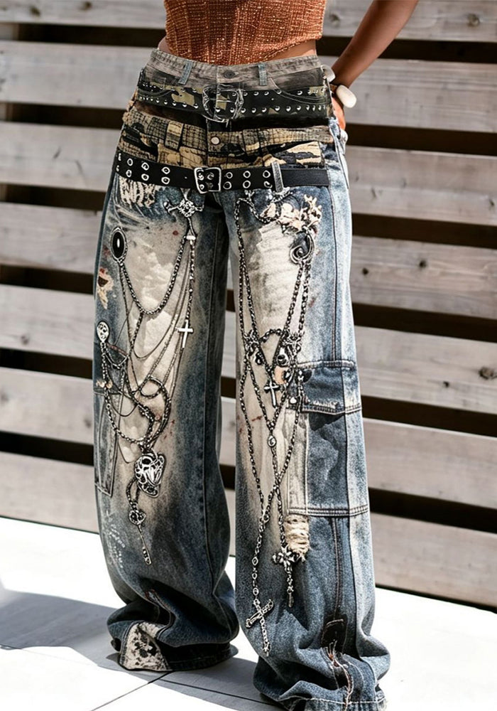 Chain Print Denim Pants for Casual Streetwear
