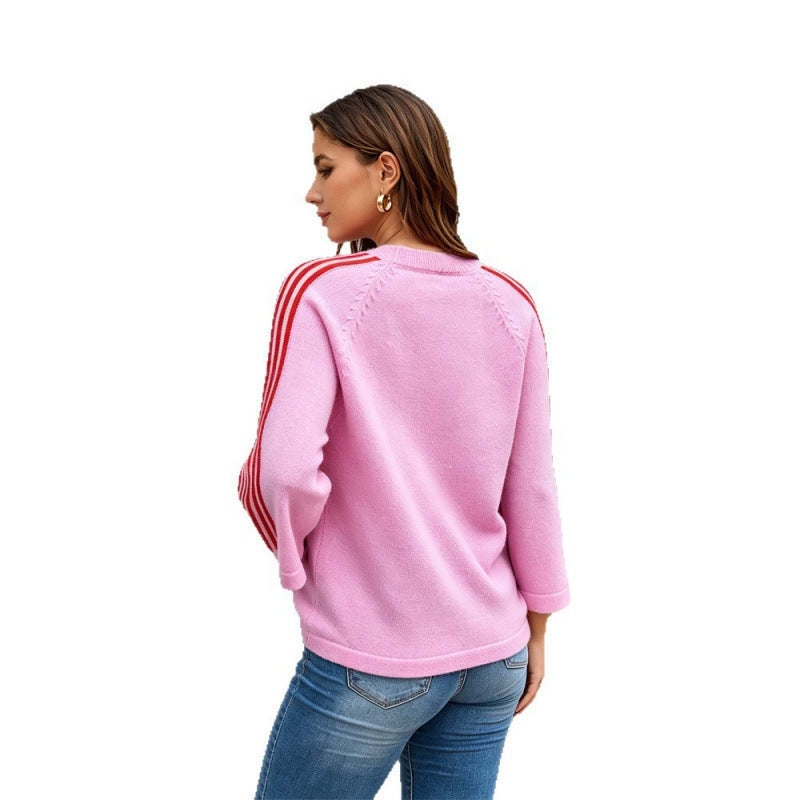 Striped Patchwork Loose Three-Quarter Sleeve Knitted Sweater for Autumn