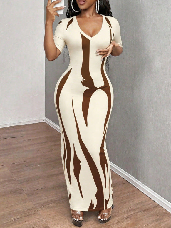 Printed V-Neck Ruched Short Sleeve Dress for Casual Wear