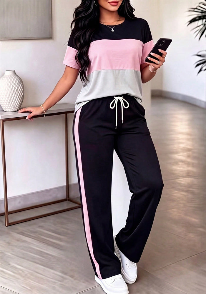 Striped T-Shirt & Drawstring Pants Two-Piece Set for Spring/Summer Casual