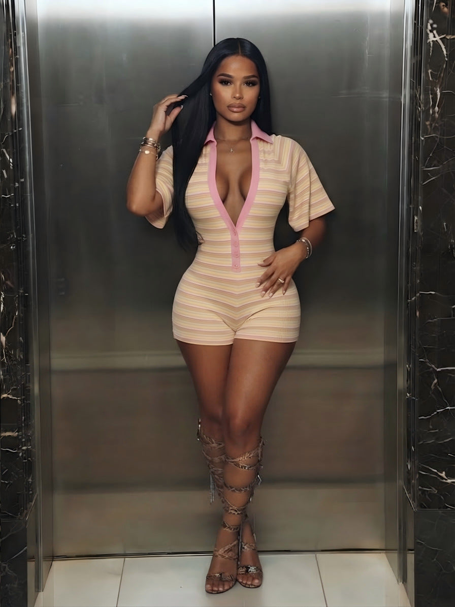Ribbed Deep V-Neck Romper for Clubwear