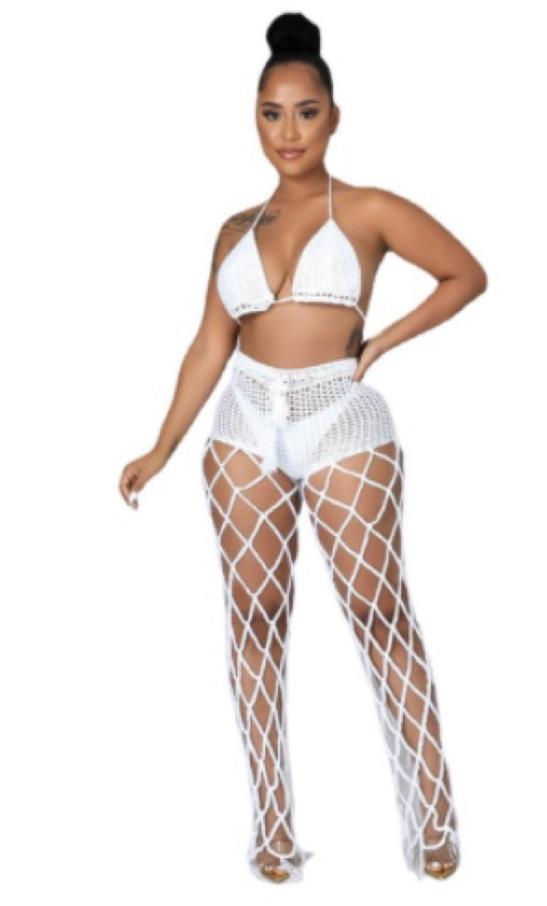 See-Through Hollow-Out Crochet Fishnet Pants Set for Beachwear