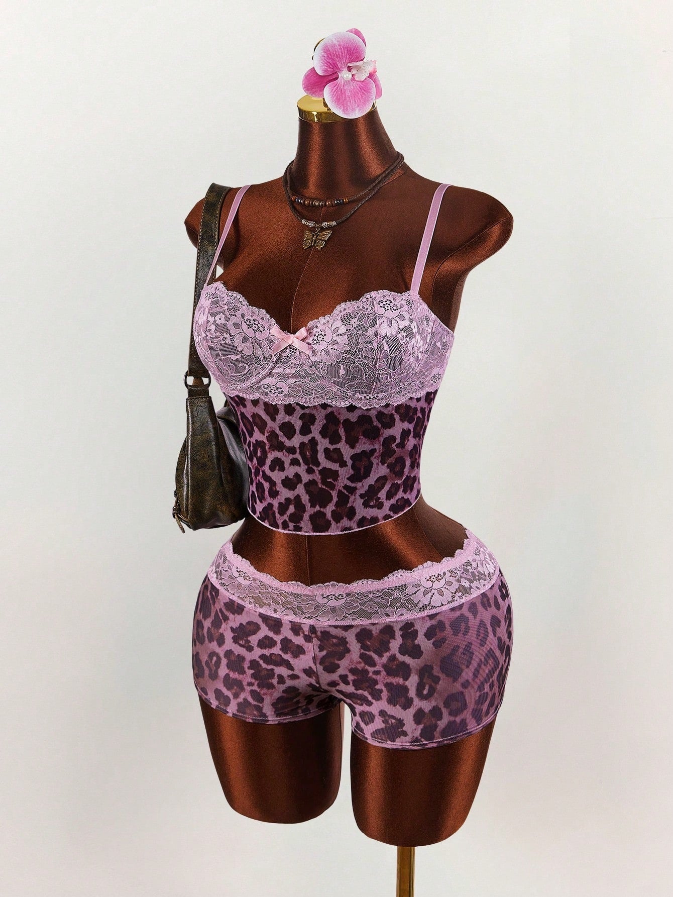 Leopard Print Lace Patchwork Camisole & Shorts Set for Sleepwear