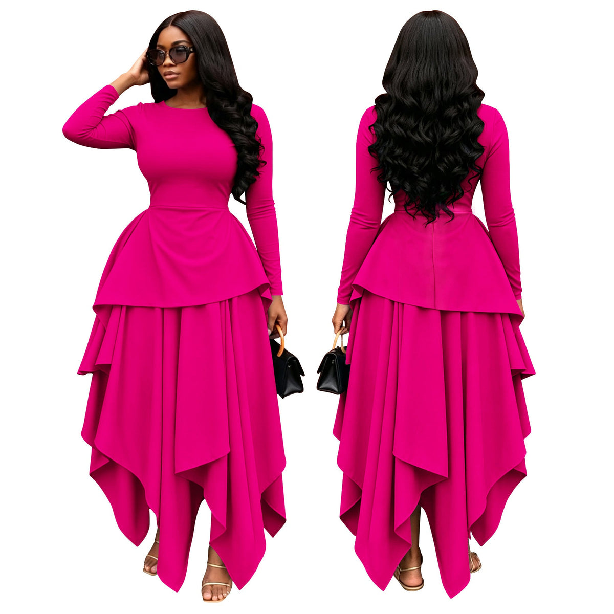 Round Neck Long Sleeve Ruffle Hem Irregular Flare Dress for Casual Wear