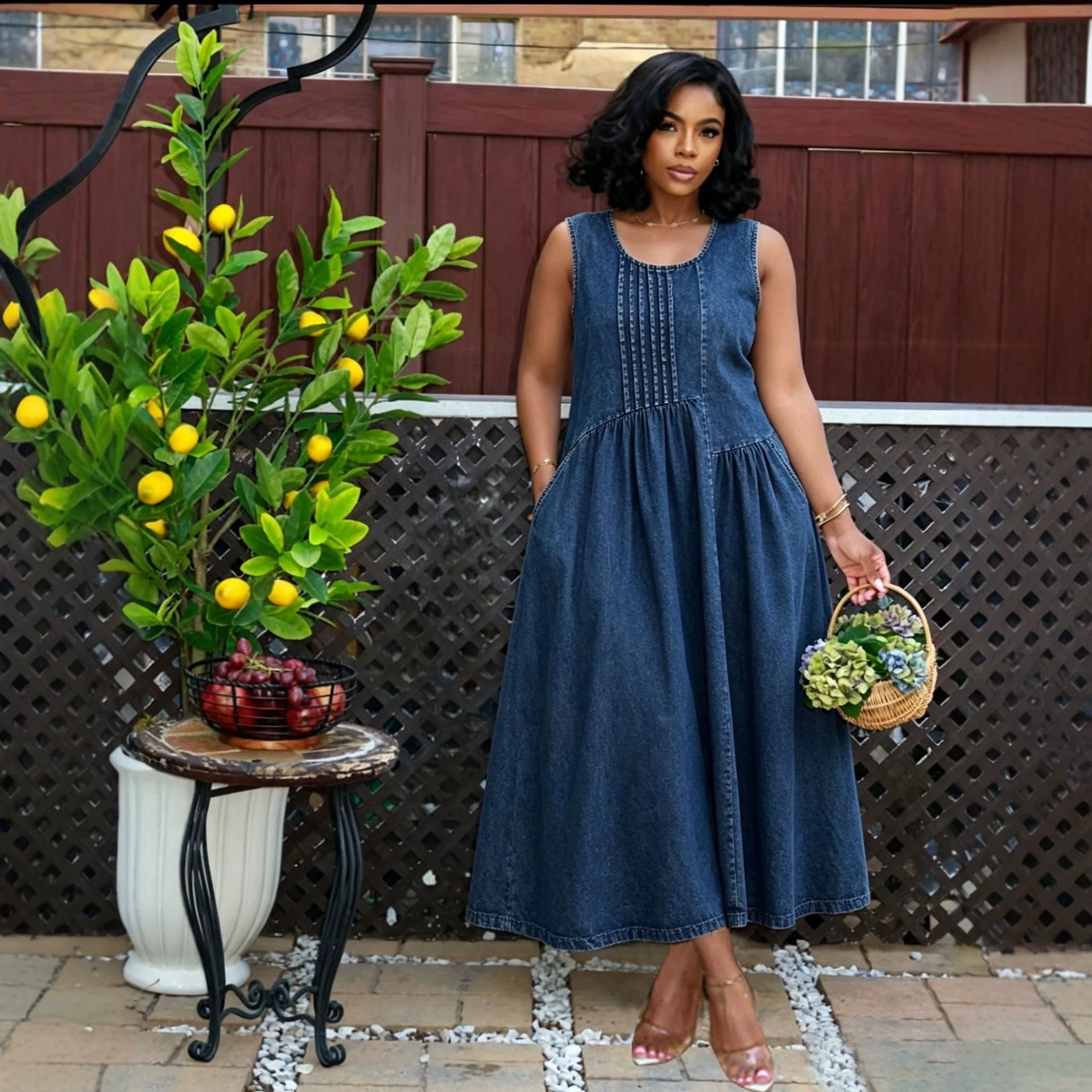 Pleated Sleeveless Denim Dress with Side Pockets for Casual Wear