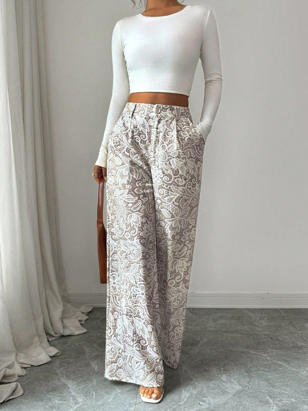 Pleated Lace Hollow-Out Wide-Leg Pants for Casual Wear