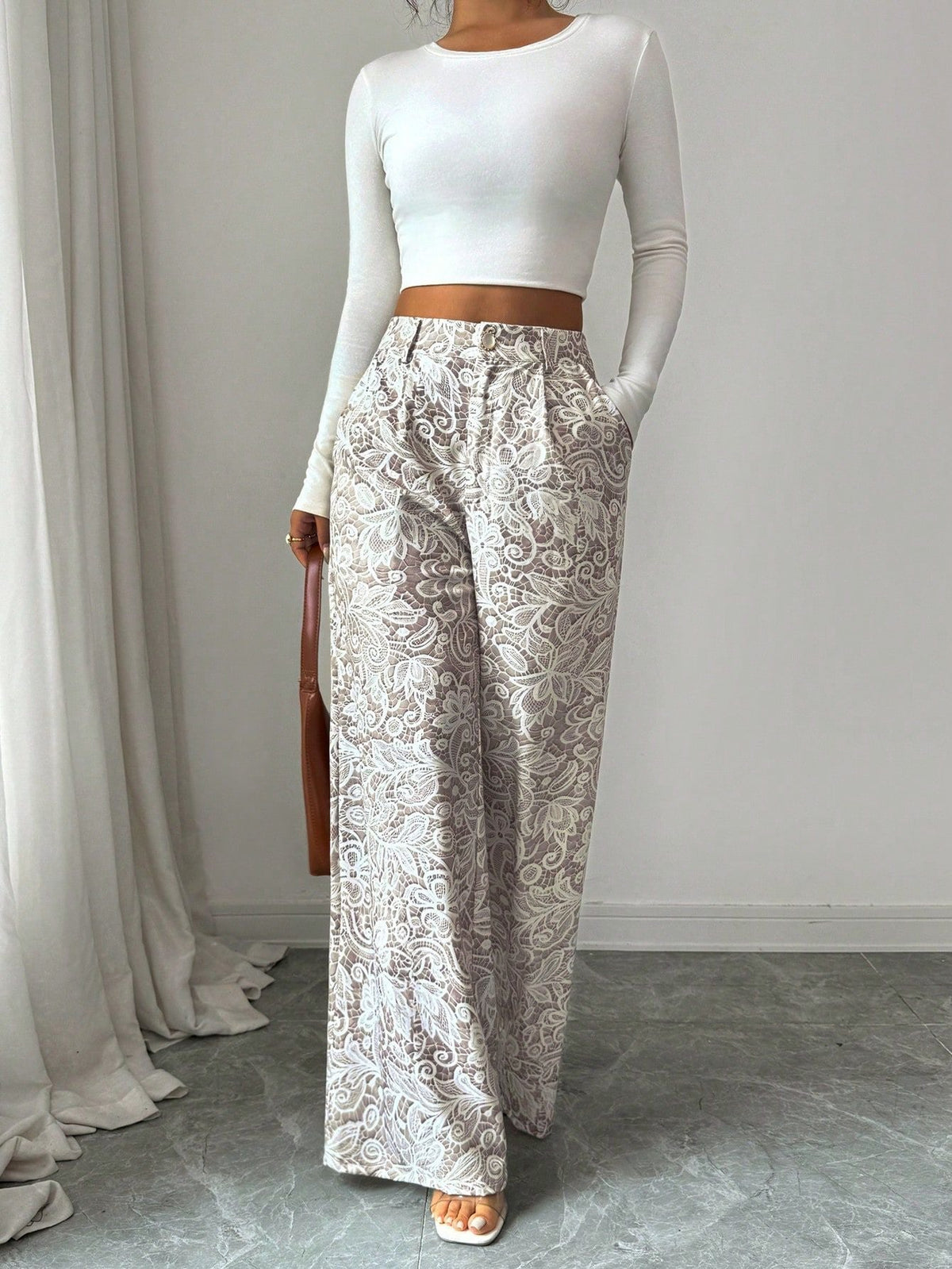 Pleated Lace Hollow-Out Wide-Leg Pants for Casual Wear
