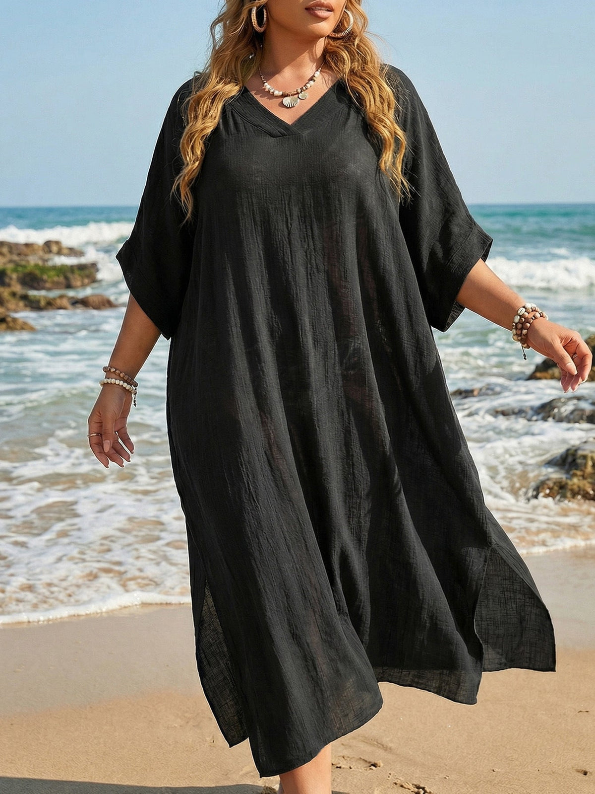 Plus Size V-Neck Loose Slit Beach Cover-Up Maxi Dress for Summer