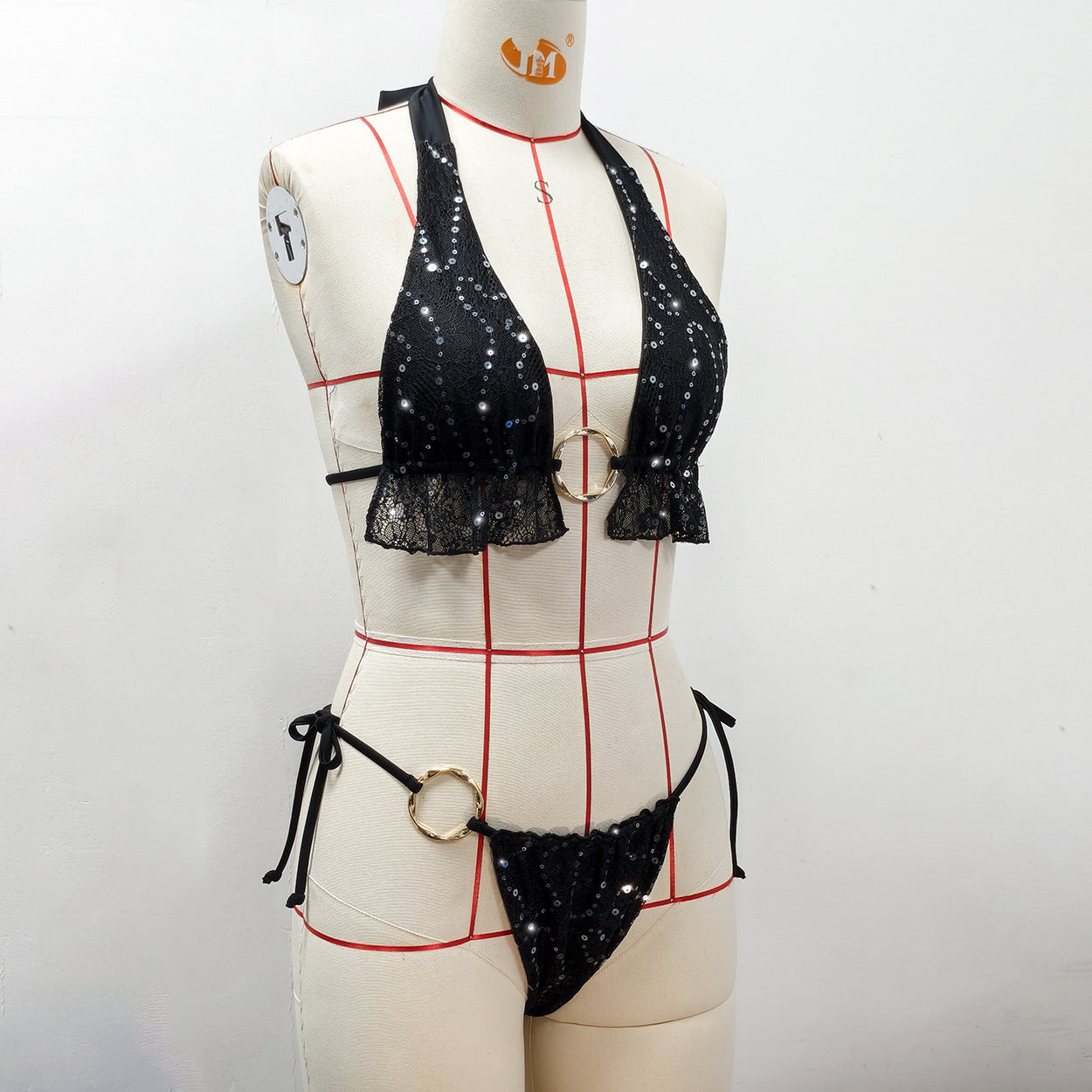 Lace Sequin Ruffle Bikini Swimsuit with Metal Ring Detail for Beachwear