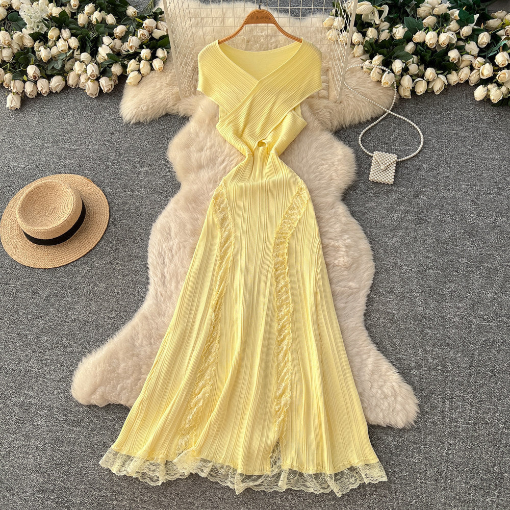 Knitted Lace Patchwork Off-Shoulder Sleeveless Maxi Dress for Summer