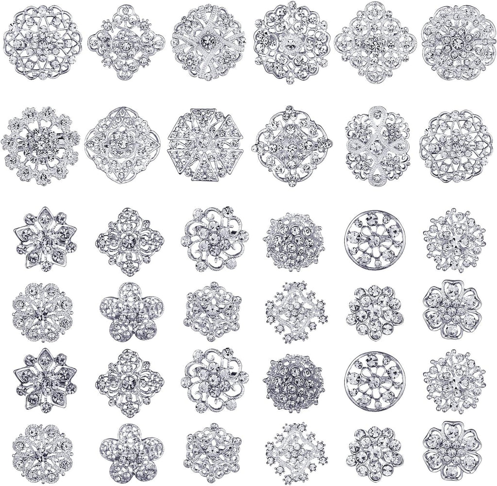Aethers & Co A1 36 Pieces Clear Rhinestone Brooches for Crafts Crystal Flower Brooch Pins with Rhinestones Sliver Bulk Brooches Jewelry for Woman Flower Lapel Badge Pins DIY Wedding Bouquet Broaches Kit