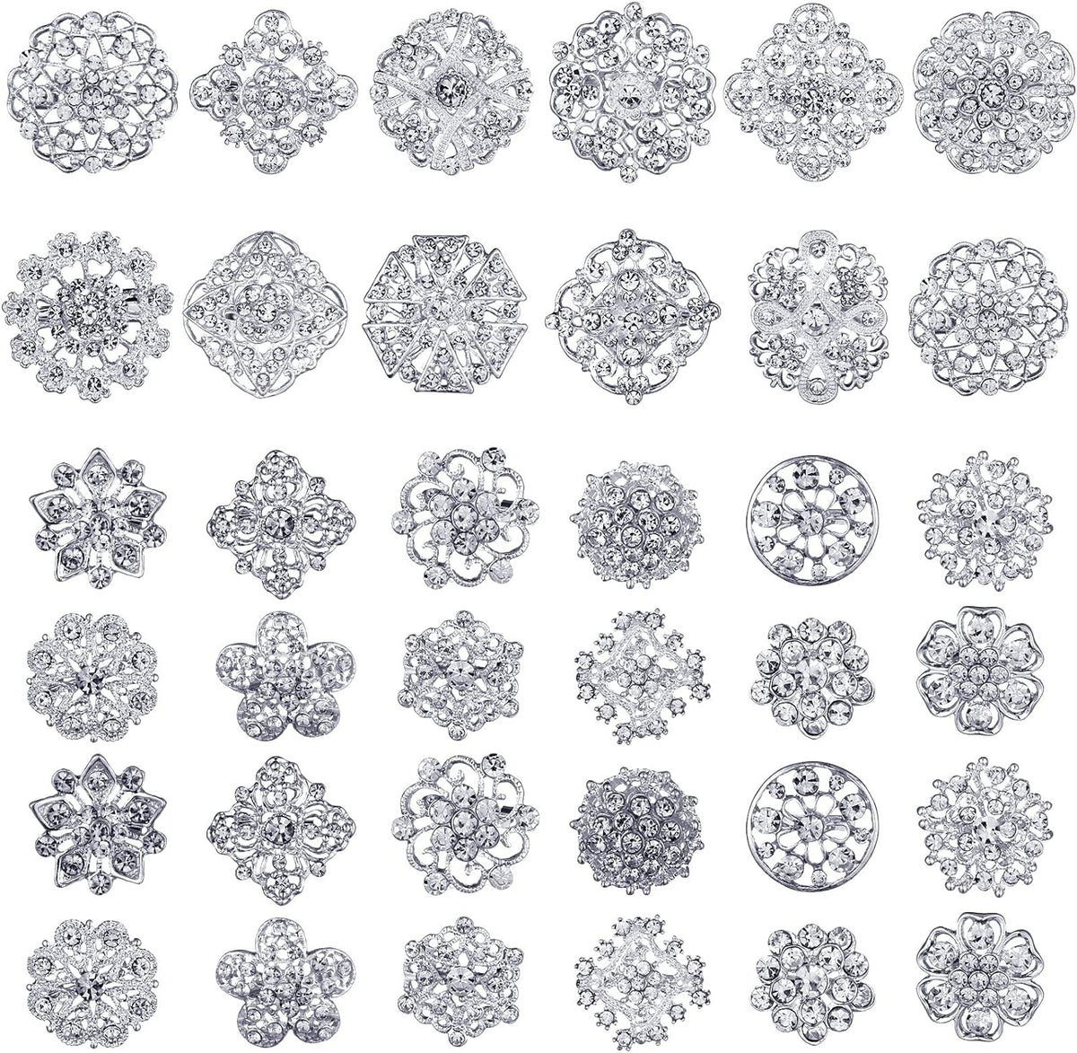 Aethers & Co A1 36 Pieces Clear Rhinestone Brooches for Crafts Crystal Flower Brooch Pins with Rhinestones Sliver Bulk Brooches Jewelry for Woman Flower Lapel Badge Pins DIY Wedding Bouquet Broaches Kit