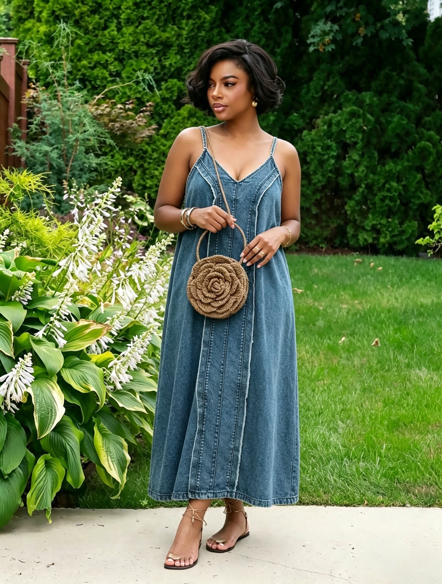 Raw Edge Side Pocket Spaghetti Strap Denim Dress