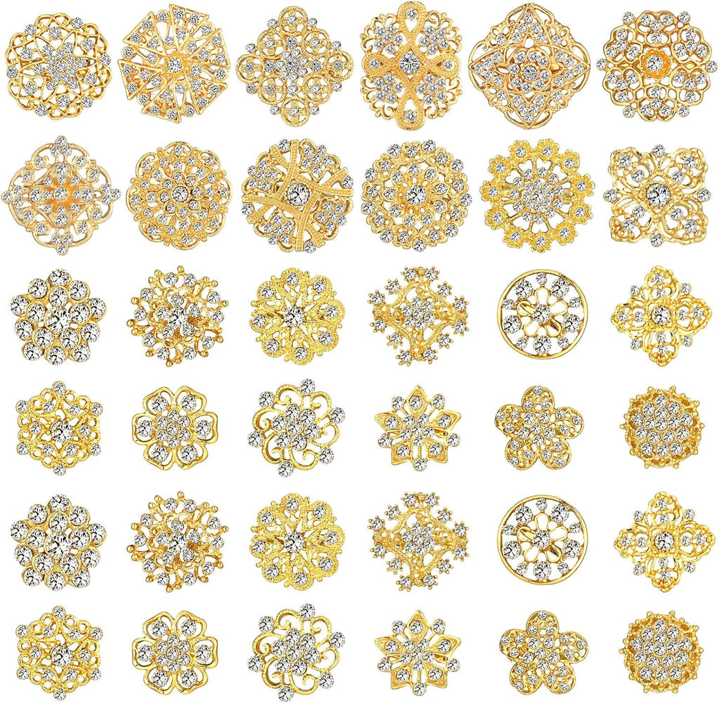 Aethers & Co A1 36 Pieces Clear Rhinestone Brooches for Crafts Crystal Flower Brooch Pins with Rhinestones Sliver Bulk Brooches Jewelry for Woman Flower Lapel Badge Pins DIY Wedding Bouquet Broaches Kit