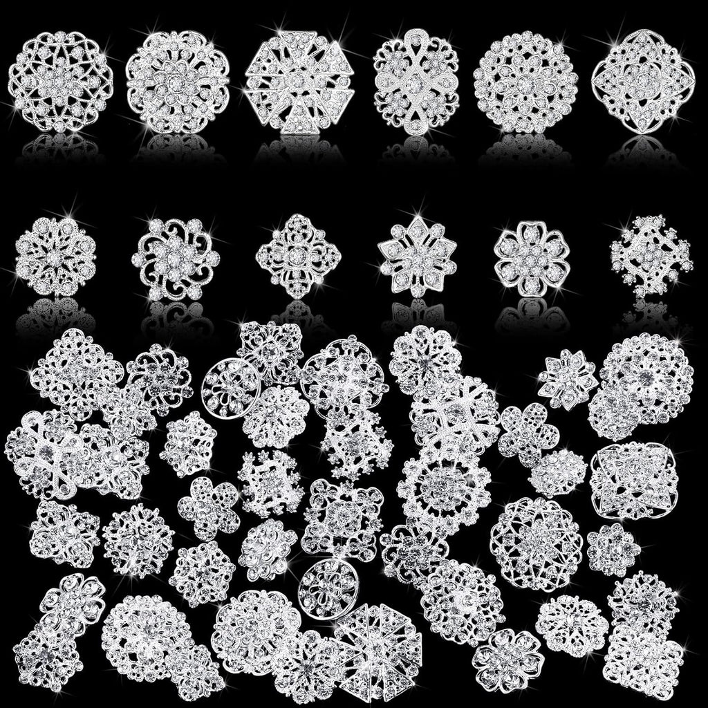 Aethers & Co A1 36 Pieces Clear Rhinestone Brooches for Crafts Crystal Flower Brooch Pins with Rhinestones Sliver Bulk Brooches Jewelry for Woman Flower Lapel Badge Pins DIY Wedding Bouquet Broaches Kit