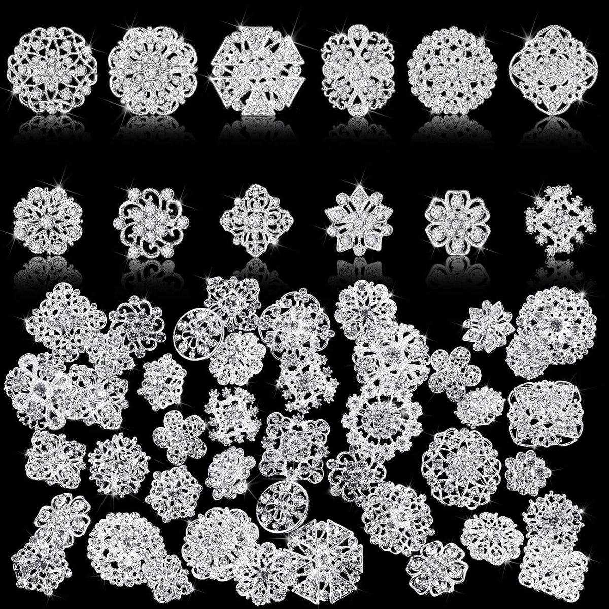 Aethers & Co A1 36 Pieces Clear Rhinestone Brooches for Crafts Crystal Flower Brooch Pins with Rhinestones Sliver Bulk Brooches Jewelry for Woman Flower Lapel Badge Pins DIY Wedding Bouquet Broaches Kit