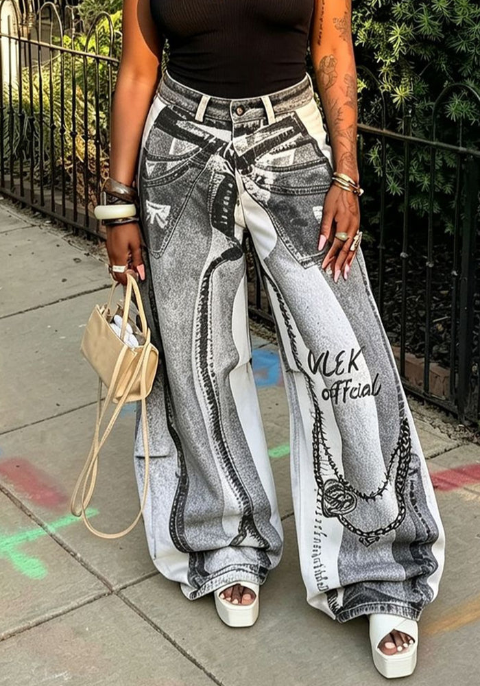 Faux Two-Piece Chain Letter Print Denim Pants for Streetwear