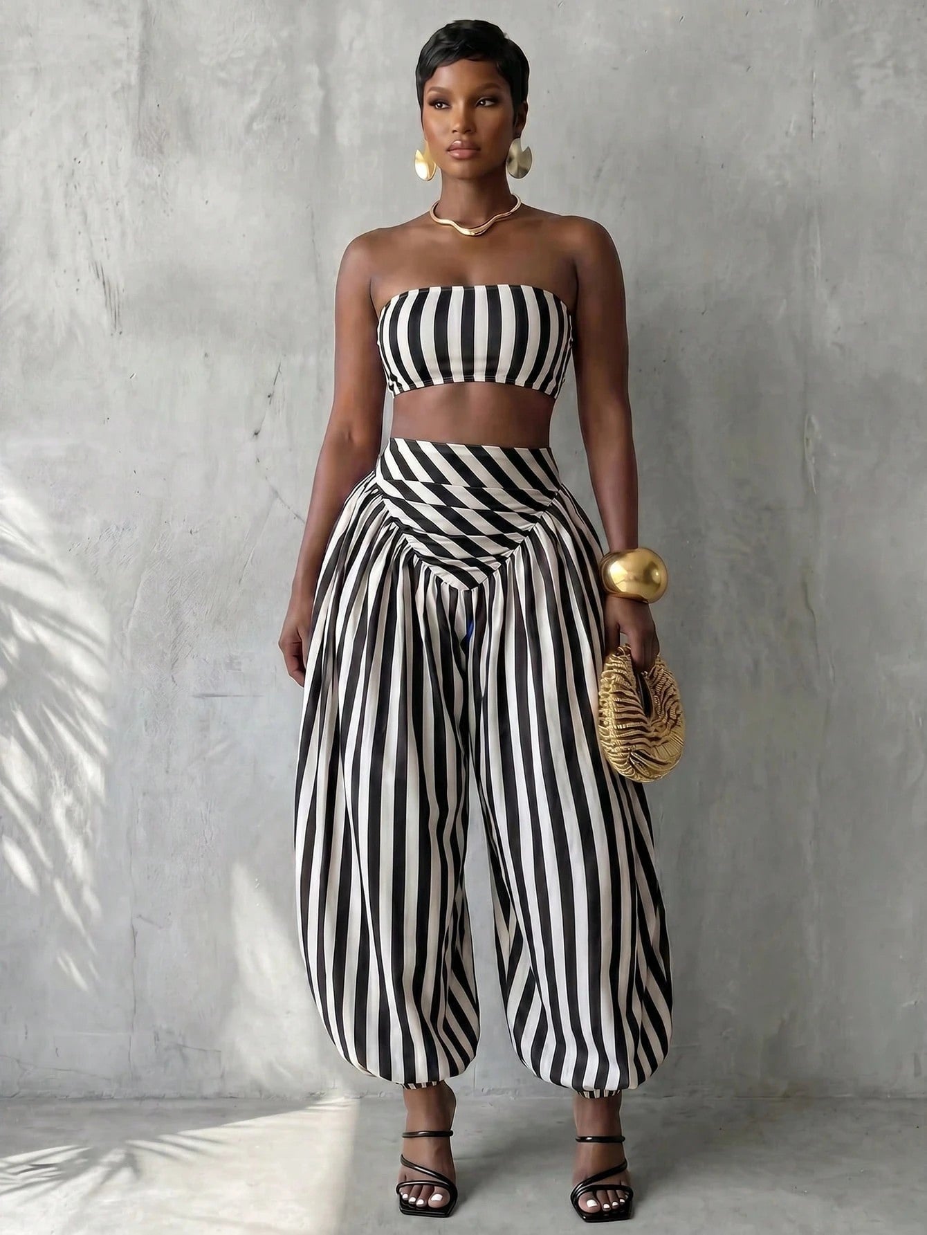 Red & White Striped Crop Top & Lantern Pants Two-Piece Set