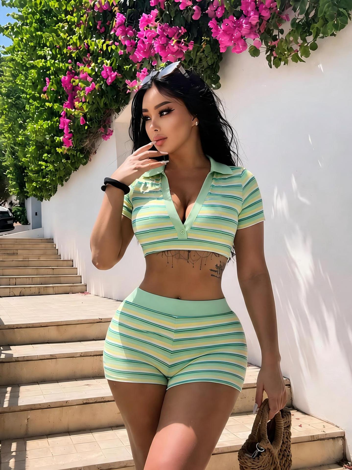 Striped Top & Shorts Two-Piece Set for Casual Wear