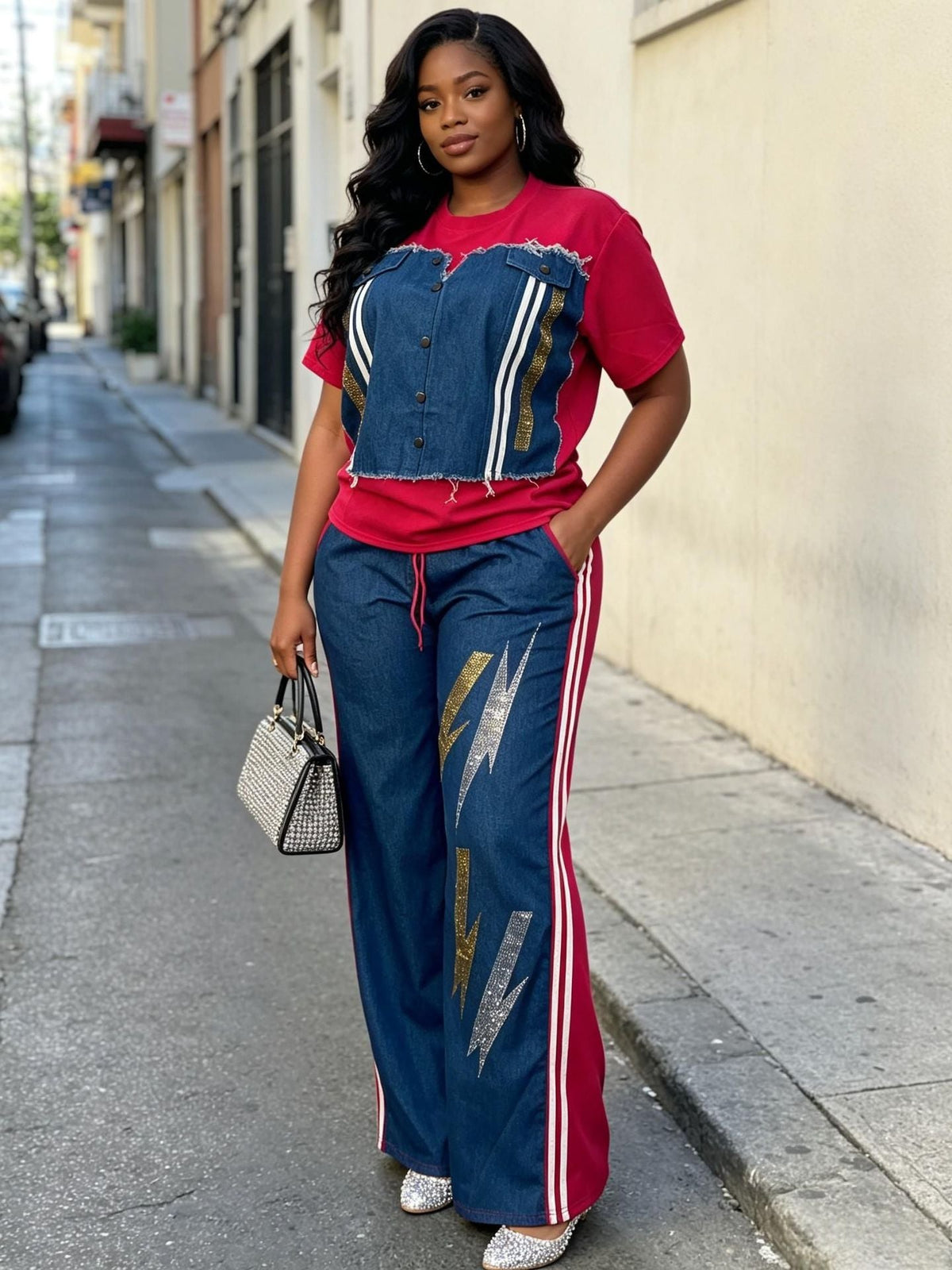 Plus Size Denim Patchwork Short Sleeve Top & Beaded Wide Leg Pants Set