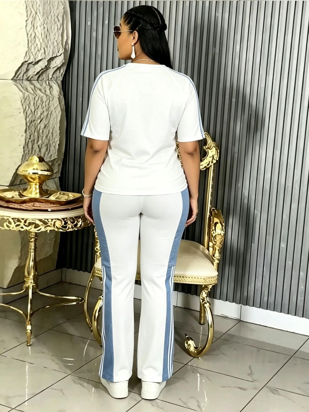 Plus Size Beaded Short Sleeve Color Block Striped Patchwork Denim Pants Set