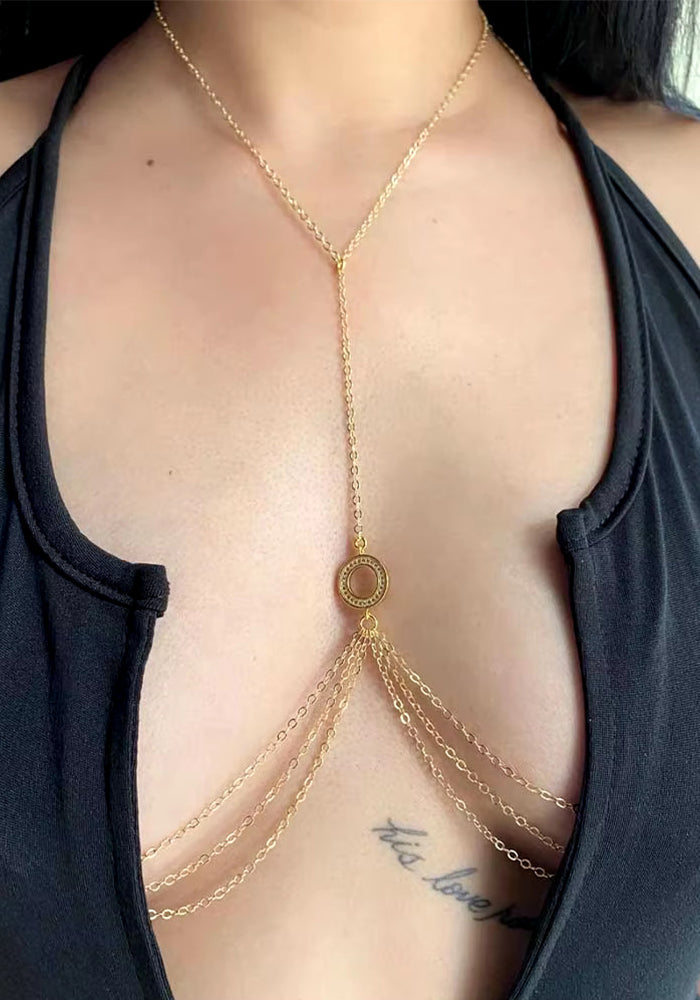 Round Rhinestone Chest Chain Bikini Accessory for Beach Parties