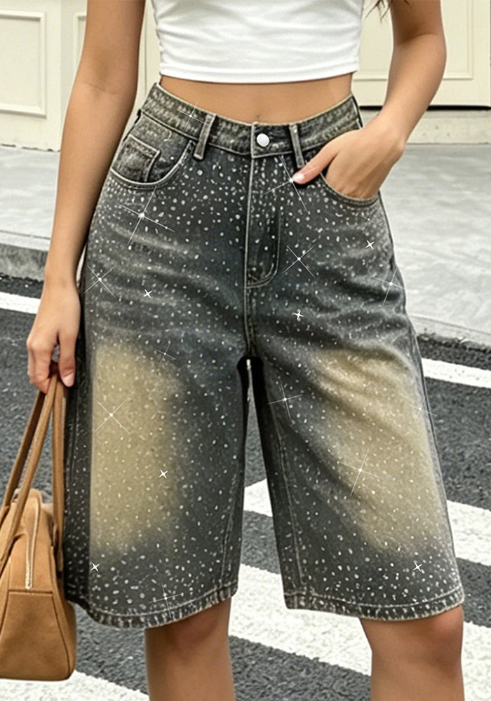Beaded Wide-Leg Denim Knee-Length Shorts for Spring & Fall Streetwear