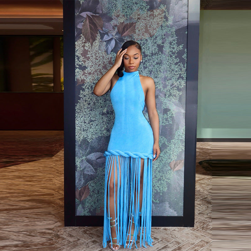 Fringed Halter Neck Maxi Dress for Formal Parties