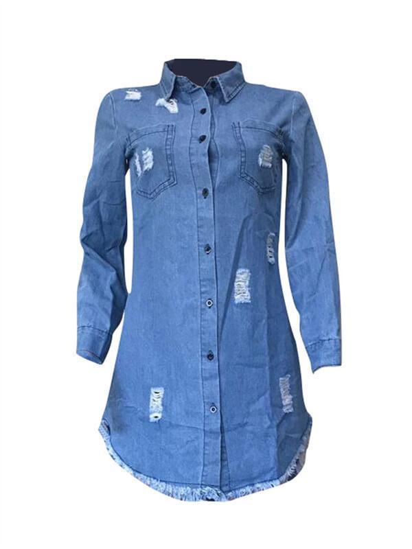 Robe chemise en jean boutonnée et déchirée