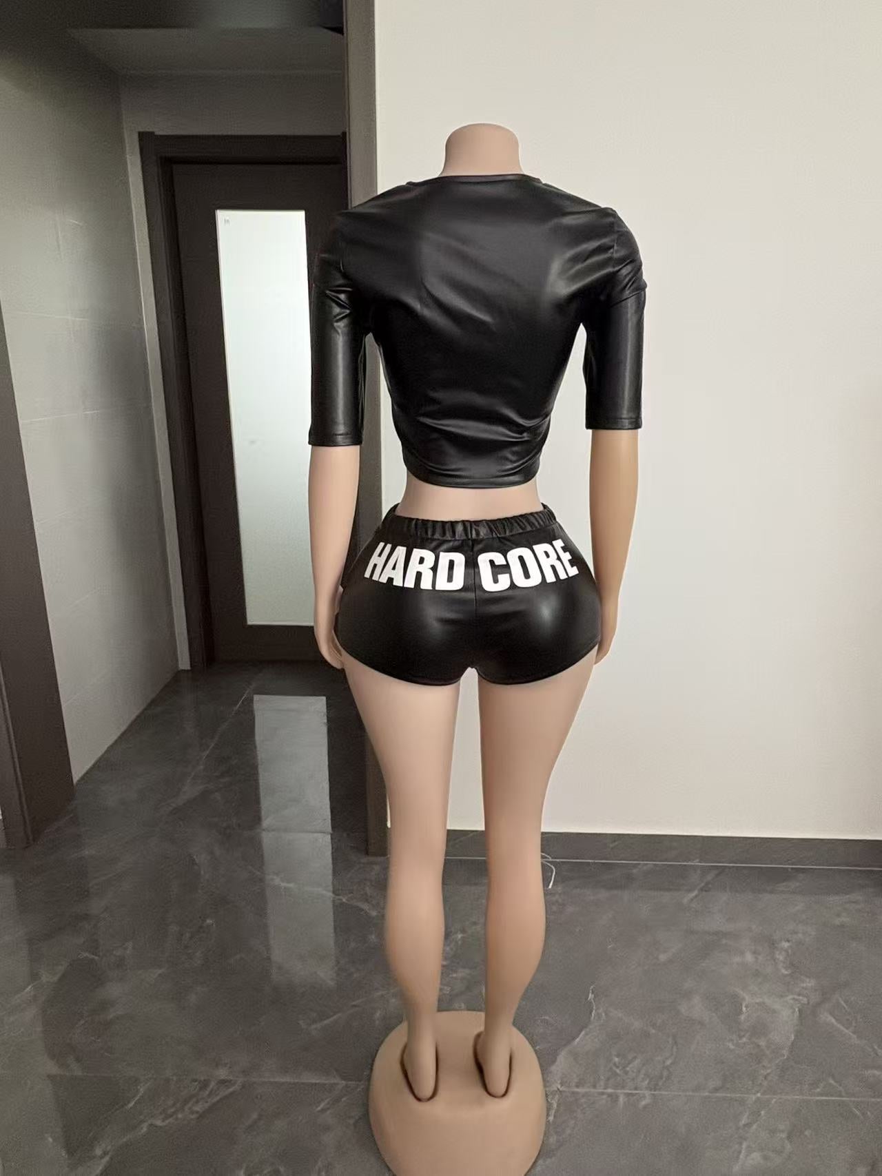 PU Leather Letter Print Zipper Top & Shorts Two-Piece Set for Casual Wear