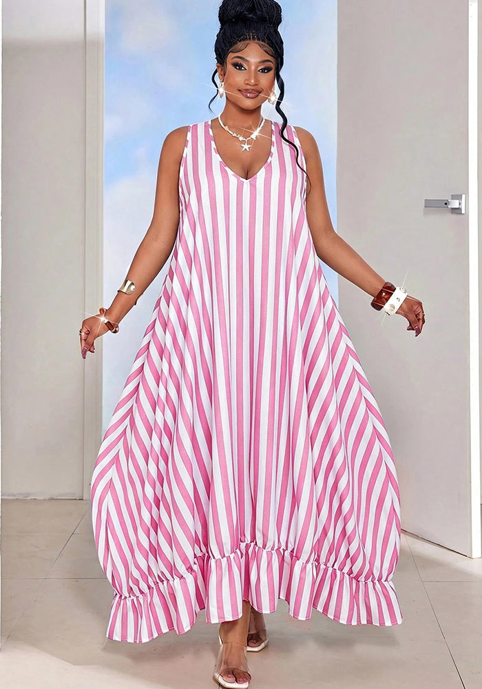 Striped Ruffle Edge Sleeveless Maxi Dress for Summer Beach Holidays