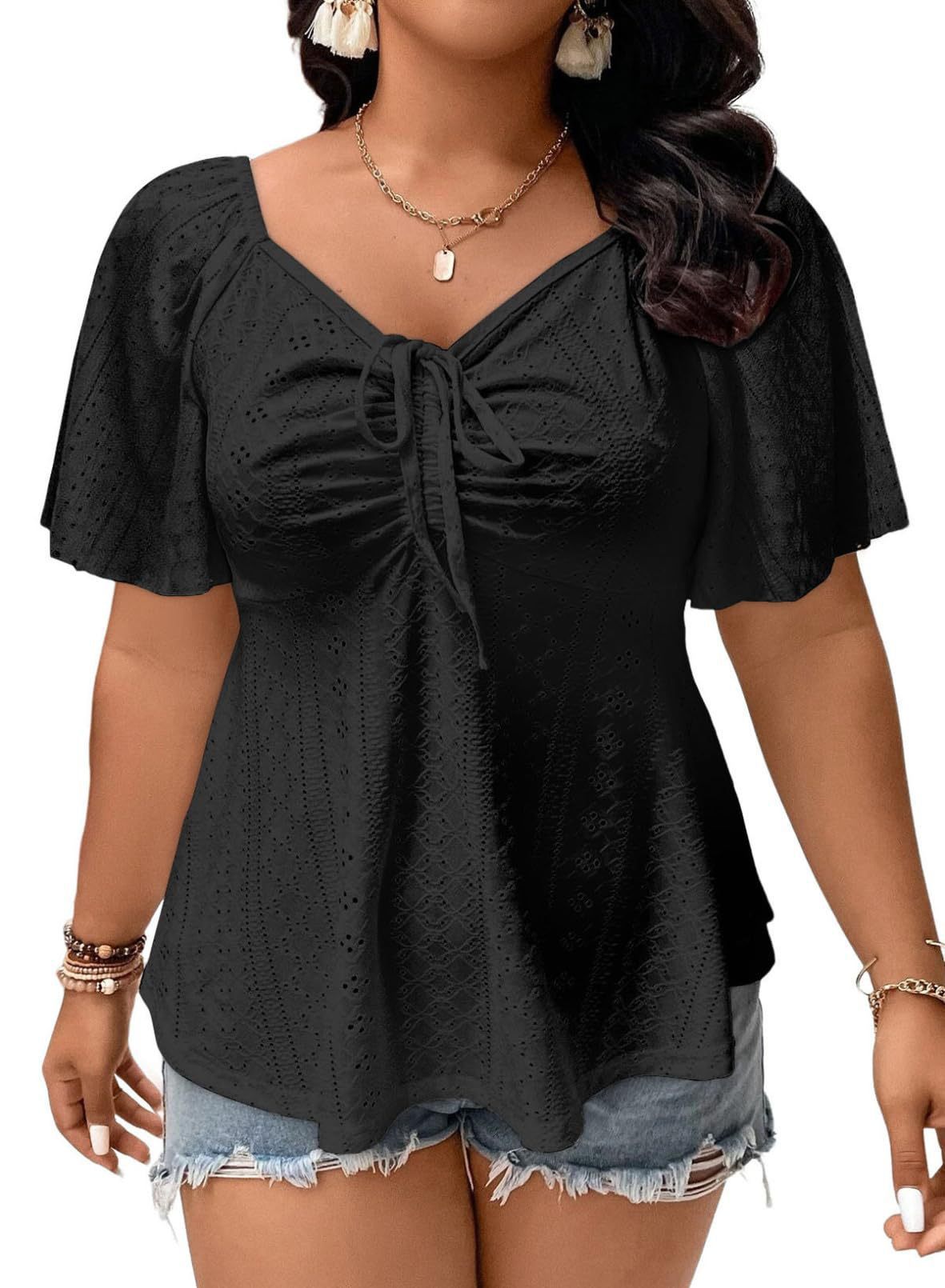 Plus Size Pleated Tie-Waist Short-Sleeve Top for Casual Wear